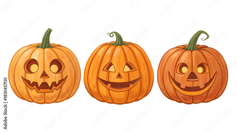 Fototapeta premium Three carved Halloween Jack-o-lantern pumpkins featuring different glowing faces and autumn texture isolated on transparent background