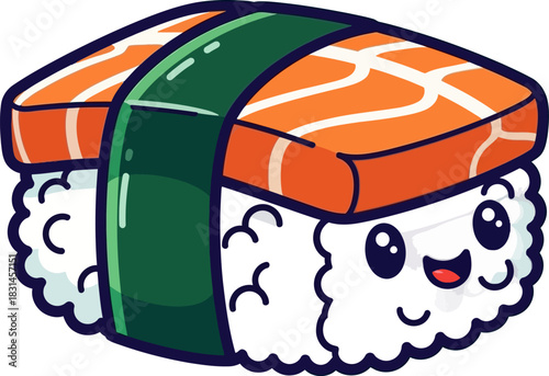 Cute Cartoon Sushi Nigiri with Salmon and Happy Face Illustration.