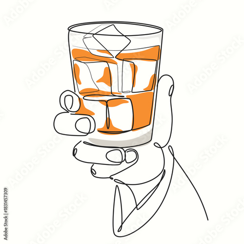 Man's hand holding tequila ice one line drawing. Man's hand holding tequila ice single line illustration. Man's hand holding tequila ice minimalist line art