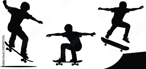 Dynamic Skateboarder Silhouettes Performing Jumps and Tricks