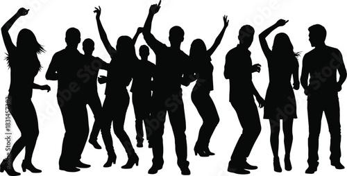 Energetic dance party crowd black silhouettes Group of men and women having fun and celebrating with hands raised vector illustration