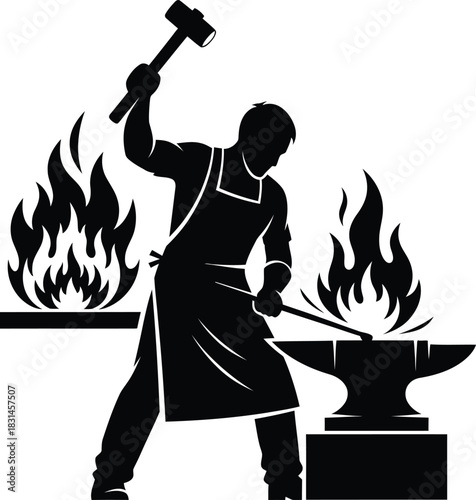 Blacksmith Working Silhouette Swinging Hammer on Anvil with Forge Fire Monochrome Vector Illustration