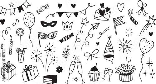 Doodle party icons. Abstract simple hand drawn sketch elements, cute marker pen scribble signs black and white line art