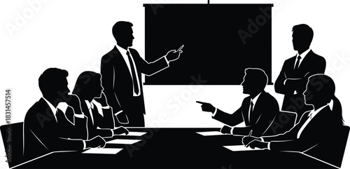 Business Presentation Meeting Silhouette Vector Illustration Conference Room Team Discussion Black and White