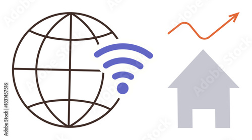 Globe with wireless signal connecting to house and upward trend line. Ideal for technology, internet, communication, home, growth, global impact, innovation. Simple flat metaphor
