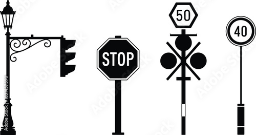 Black and white vector illustration of various traffic signs including stop sign speed limit signs street lamp and traffic light silhouettes