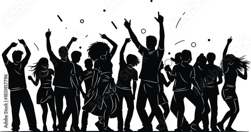 Black Silhouette of Energetic Dancing Crowd Vector Illustration Party Festival Celebration