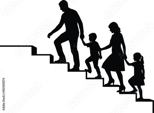 Black Silhouette of Family Climbing Stairs Representing Progress Success and Growth