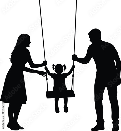 Family silhouette of parents and child playing on a swing together symbolising happiness support and childhood fun