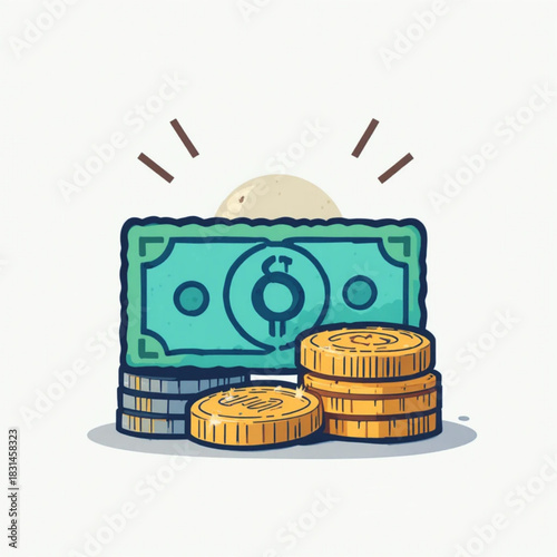 Illustration of flat colored business themed icons on a plain background 