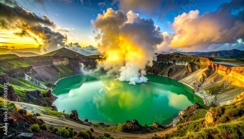 Emerald volcanic crater lake with steam rising under a dramatic cloudy sky at sunset