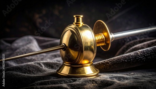 Close up of a decorative golden sword hilt on a dark fabric ornate metallic