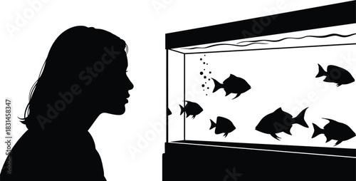 Woman Silhouette Observing Fish in Aquarium Black and White Vector Illustration