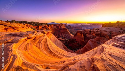 Vivid sandstone formations at sunrise with purple and orange gradient sky in desert canyon