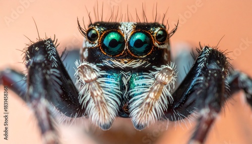 Extreme close up of a vibrant jumping spider with large iridescent green eyes