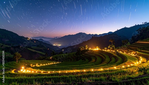 Illuminated rice terraces under a star streaked night sky with distant mountain ranges