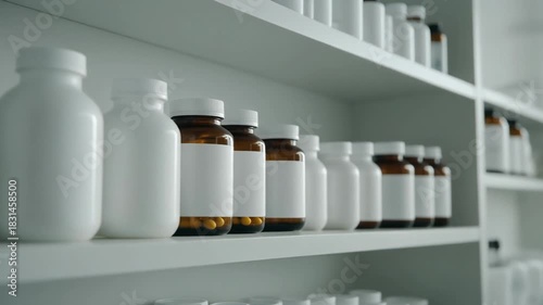 A collection of medicine bottles containing pills are neatly organized on white shelves in a clinic