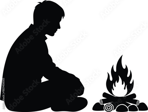 Silhouette of a man sitting by a bonfire vector icon