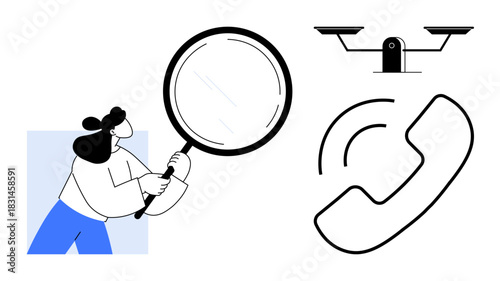 Woman holding magnifying glass on left, security camera above, phone receiver to the right. Ideal for investigation, search, security, analysis, communication assistance customer service. Simple