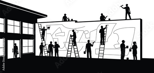 Community mural painting project silhouette vector Group of people on ladders working together to create street art or renovate a wall