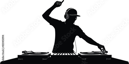 DJ Silhouette with Raised Hand and Headphones Mixing Music on Turntables Black and White Vector Illustration