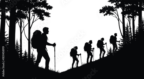 Group of Hikers Trekking Uphill Forest Silhouette Vector Adventure Travel Backpacking Trail Climb