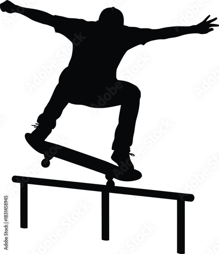 Skateboarder doing a boardslide trick on a rail silhouette vector graphic
