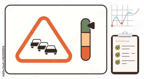 Traffic warning sign with congestion symbol, risk level gauge in three colors, graph, and checklist. Ideal for safety, risk management, transportation, planning, workflow productivity simple flat