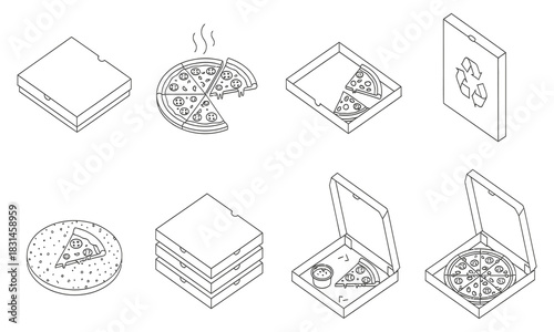 Line art icons of pizza and packaging, vector illustration