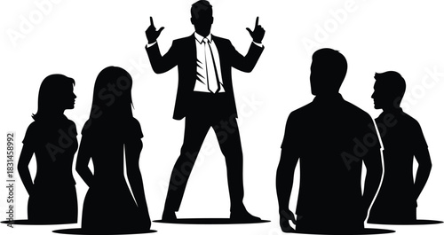 Business Leader Silhouette Instructing Team Group Meeting Presentation Authority Vector Graphic