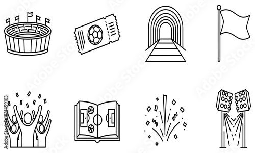 Sports Stadium, Ticket, Tunnel, Flag, Fans, Game Book, Fireworks, and Floodlights Vector Icons