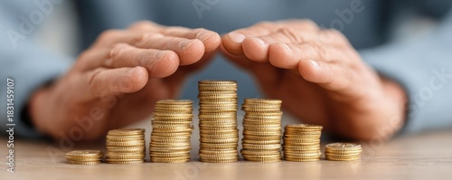 Hands forming barrier over coins for investment security concept. Hands protecting growing stacks of coins, symbolizing finance.