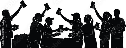 Group of people distributing flyers and pamphlets vector silhouette illustration Team handing out promotional material