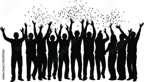 Cheering crowd silhouette with confetti Black and white vector graphic of triumphant people raising hands celebrating success party or victory