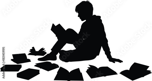 Black silhouette of young person sitting and reading surrounded by scattered books study concept