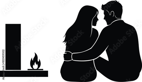 Couple Silhouette Mourning Near Memorial Stone and Eternal Flame Vector Icon of Remembrance and Loss