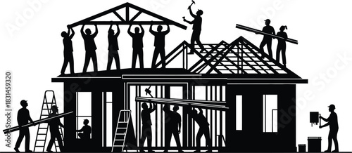 Construction Crew Building House Frame Silhouette Vector Illustration of Home Building and Teamwork