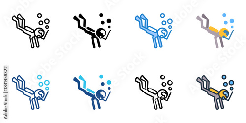 Diving icon set multiple style vector collection. Editable Stroke 
