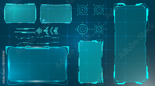 A set of futuristic technology boxes, modern callout title banners, and digital frame elements designed in HUD-style blue for interfaces or tech-themed layouts.