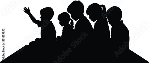 Children Group Silhouette One Student Raising Hand in Class Vector Graphic Education and Participation Concept