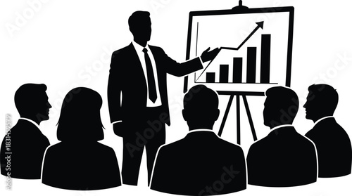 Business Presentation Silhouette Speaker Explaining Growth Chart to Audience Meeting Vector Icon