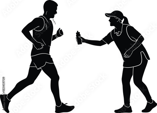 Running Hydration Silhouette Marathon Runner Receiving Water Bottle from Volunteer Vector