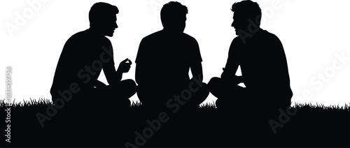 Three Men Talking Silhouette Sitting on Grass Vector Illustration
