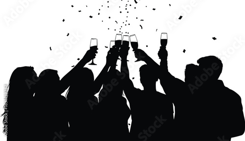 Party celebration champagne toast silhouette with flying confetti vector graphic