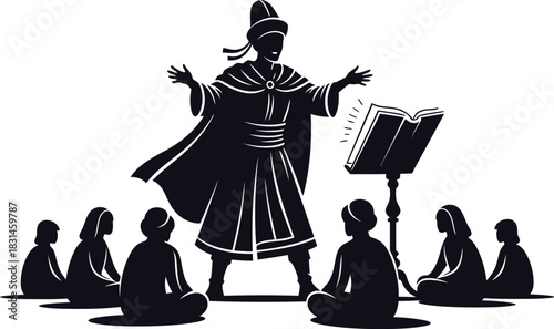 Ancient Teacher Instructing Students with Open Book Silhouette Vector Icon Traditional Wisdom Learning Seminar