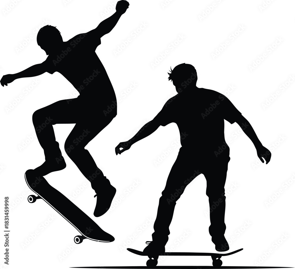Fototapeta premium Dynamic Skateboarders Silhouette Vector Illustration Performing Skate Tricks