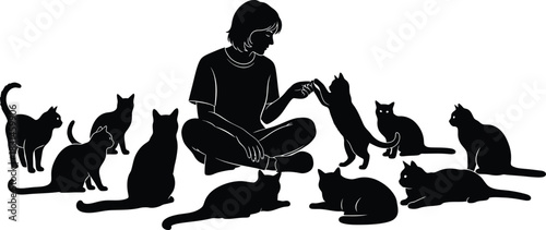 Black and White Silhouette Vector of Person Sitting Surrounded by Numerous Cats