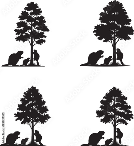 Beaver family silhouettes under trees in four different arrangements