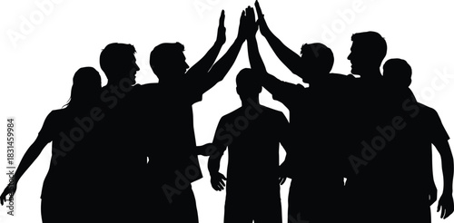 Group high five silhouette showing teamwork success and celebration vector illustration
