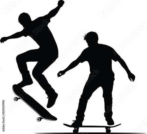 Dynamic Skateboarders Silhouette Vector Illustration Performing Skate Tricks